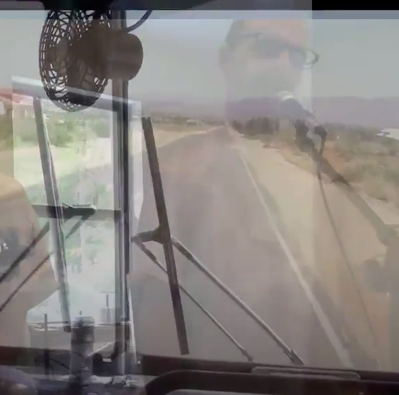 View from a bus windshield